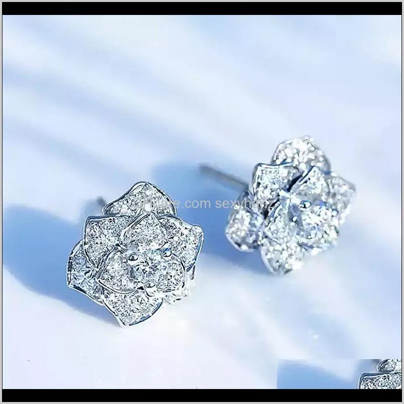 shiny cubic zircon flower stud earring for women silver color delicate anniversary gift lady stylish accessories ear ring