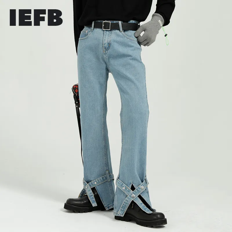 IEFB-band Split Bottoms Lossa Straight Blue Jeans för män Vintage Streetwear Fashion Bandage Denim Trousers 9Y7113 210524
