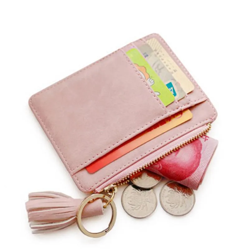 Kart sahipleri Maleather mini püskül kadın sahibi sevimli kredi kimliği fermuar cüzdan vaka değişim para çantası anahtarlık nubuck