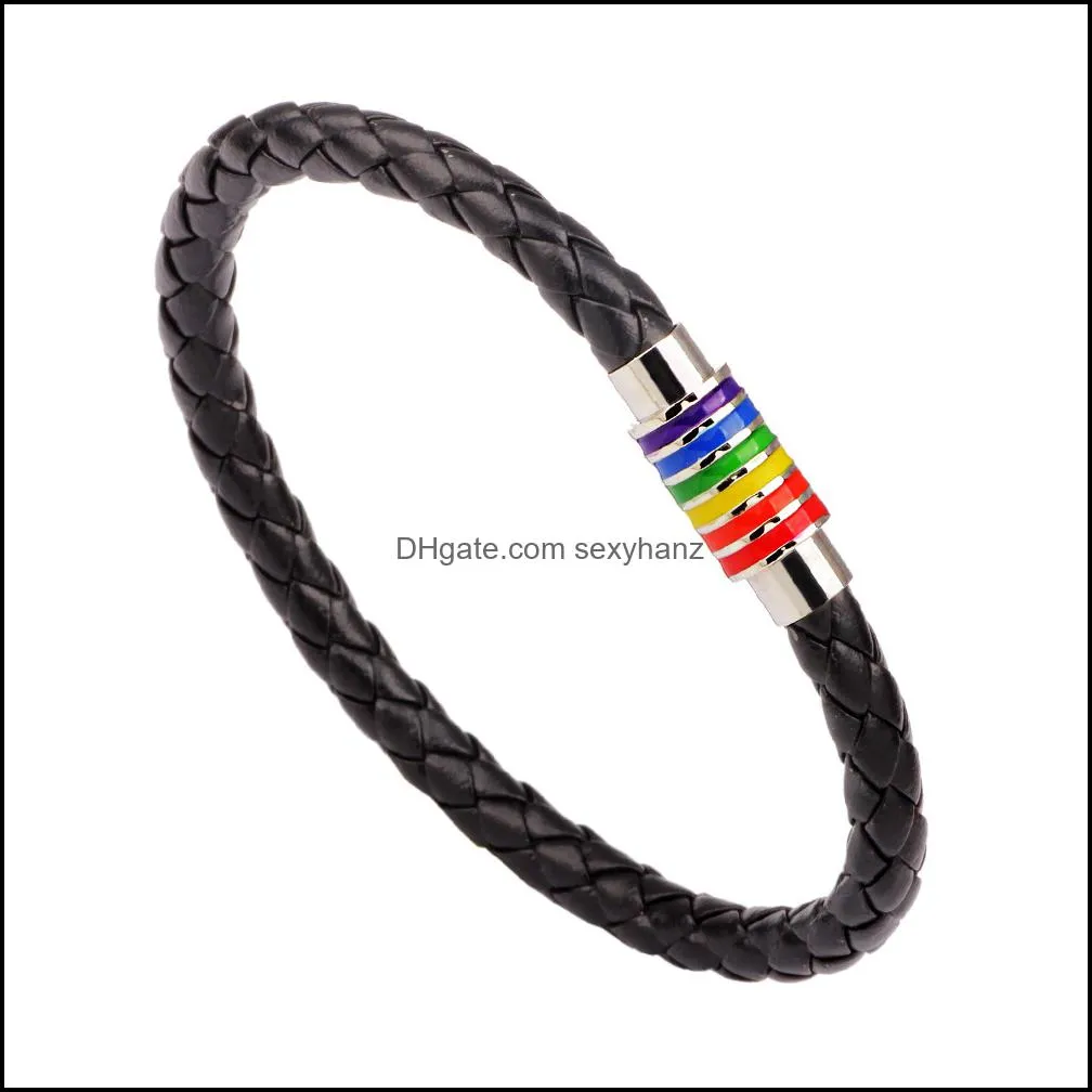 Fashion Gay Pride Rainbow Leather Bracelets For Women Men Black Brown Genuine Leather Bangle Magnetic Clasp LGBT Jewelry