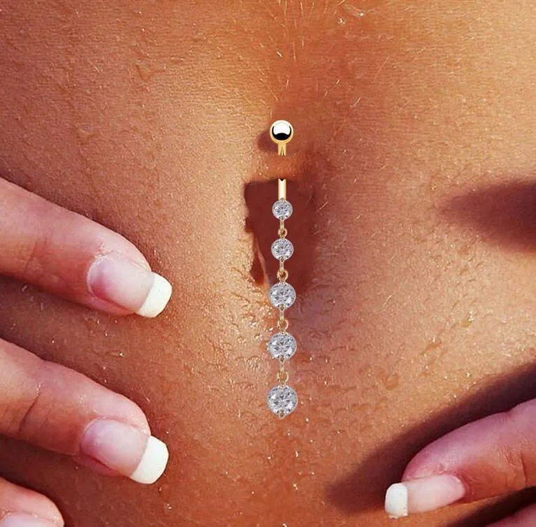 Stainless Steel Zircon Long Dangle Round Rhinestone Navel Belly Ring Button Bar Barbell Rings Piercing Reverse Jewelry