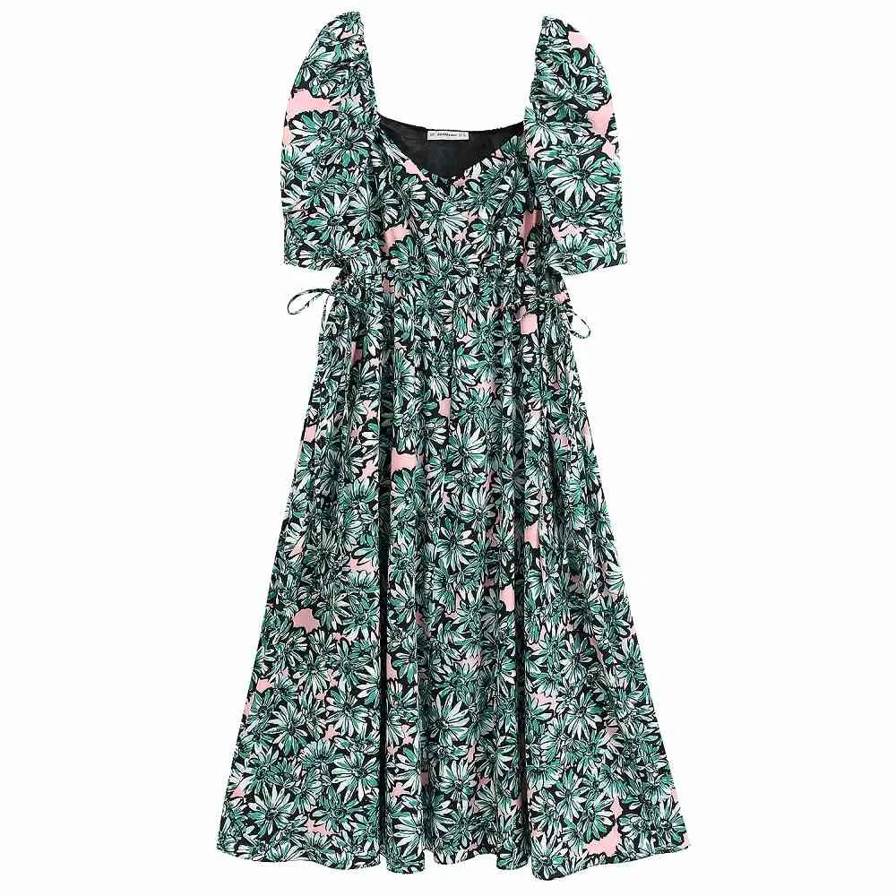 Vintage Elegancka Zielona Floral Side Bow Tie Long Sukienka Kobiety Sexy Hollow Out Square Collar Dress Casual Damska Chic Vestidos 210520