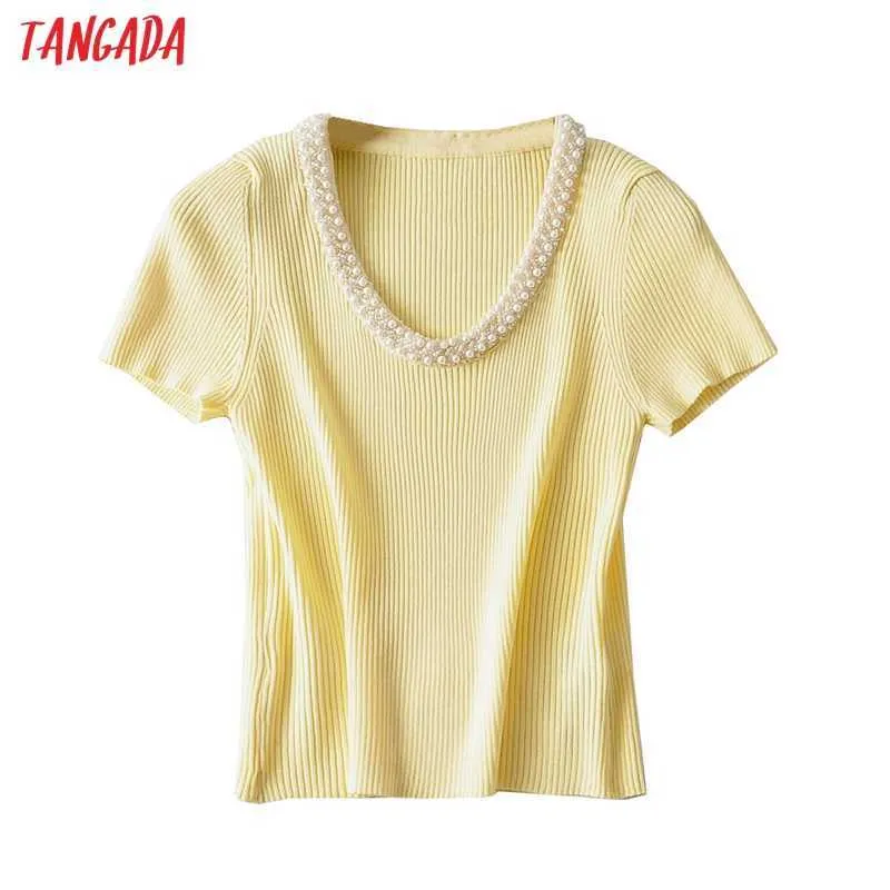Tangada Korea Chic Women Summer Pearl Neck Yellow Sweater Short Sleeve Ladies Knitted Jumper Tops AI87 210609