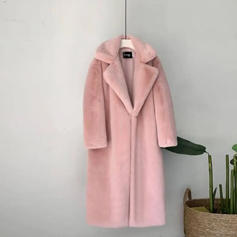 2022新しい女性の冬の暖かいフェイクの毛皮のコート厚い長いターンダウン襟レディースコートベルトカザコフェミニーノ