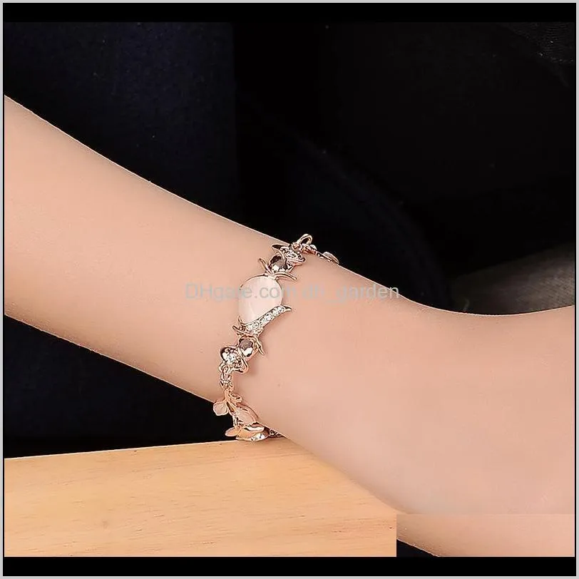 women fashion bridal jewelry flower opal leaf charm bracelets rose golden color leave crystal statement bracelets & bangles