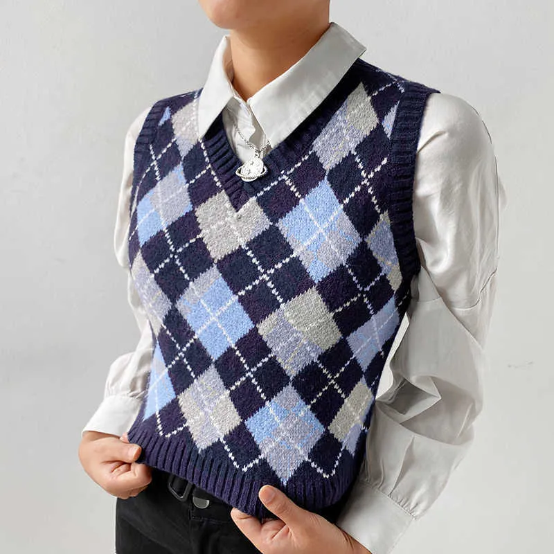 Heyoungirl V Neck Vintage Argyle Sweater Vest Kvinnor Y2K Svart Ärmlös Plaid Stickade Grödor Tröjor Casual Höst Preppy Style Y0825