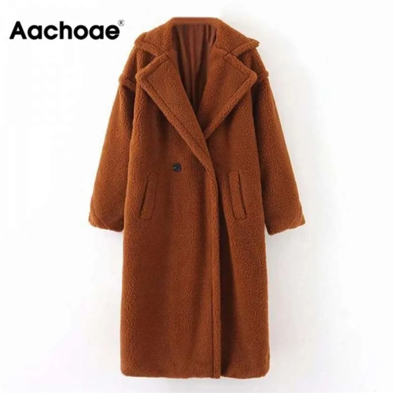 Aachoae Winter Casual Solid Teddy Coat Kvinnor Långärmad Fleece Jacka Slå ner Krage Lamb Fur Yerterwear ForRure 210928
