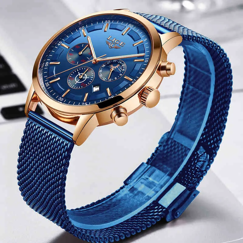 Relogio Masculino Lige Luxury Quartz Watch for Men Blue Dial Watches Sports Watches Moon Phase Chronograph Mesh Belt Wrist Watch Q0524