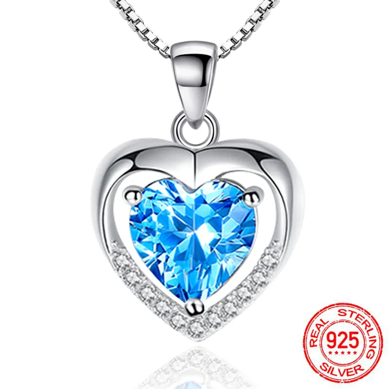 Collana con ciondolo a forma di cuore in cristallo CZ viola/blu/bianco al 100% con catena in argento 925 per regali di gioielli da sposa per donne