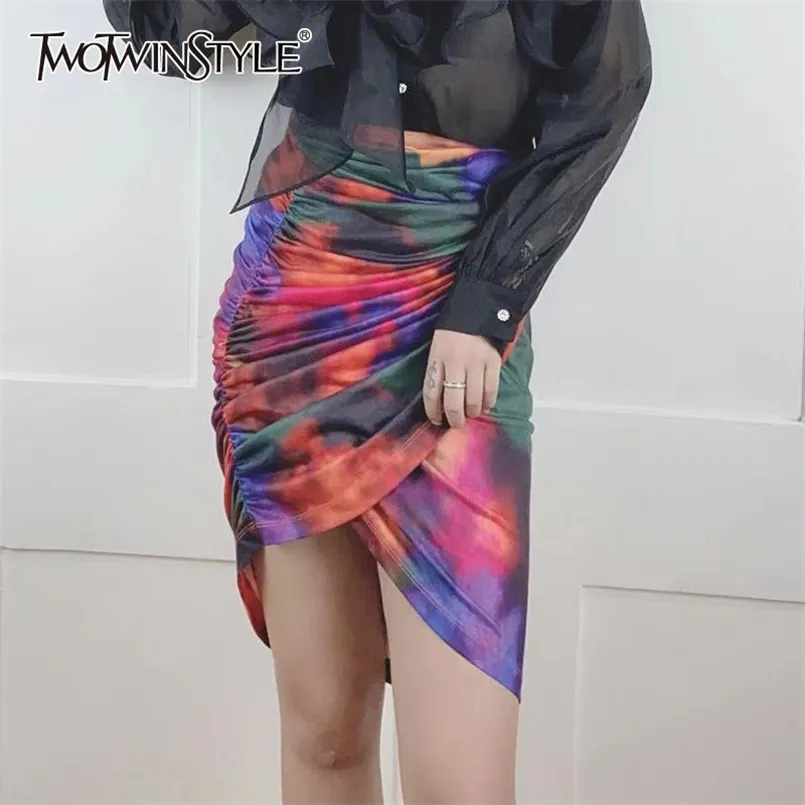 Tie Dye Mini Skirt For Women High Waist Ruched Hit Color Bodycon Skirts Female Fashion Clothing Summer Style 210521