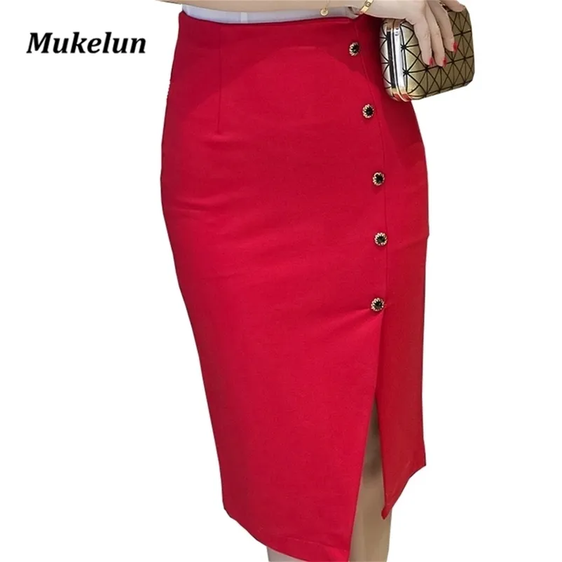 プラスサイズの女性オフィススカートS-5XLファッション夏スリムセクシーハイウエストボディコンレッドペンシル女性オープンスリットOLブラック210621