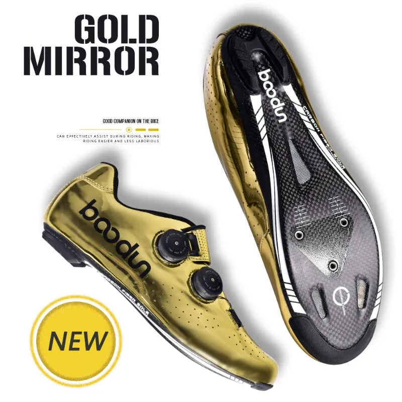 Boodun 2021 Gold Road Cycling Shoes Bike Self Locking Carbon Fiber Ultralight Professional Bicycle Racing Footwear