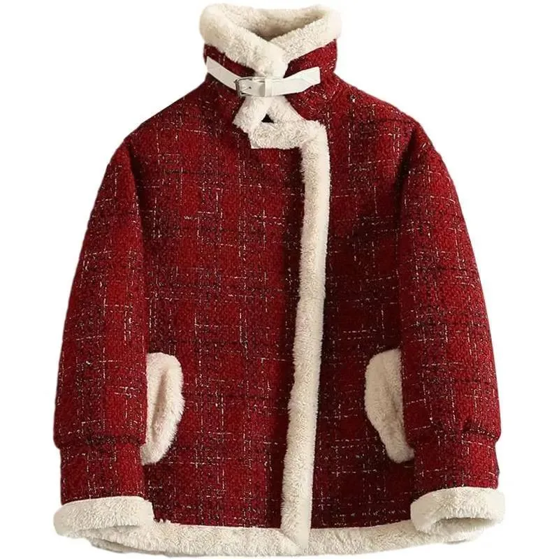 Frauen Wolle Mischungen Kurzen Mantel 2021 Winter Jacke Frauen Lose Plus Samt Plaid Rot Schwarz Mantel Woolen Weibliche Mode oberbekleidung