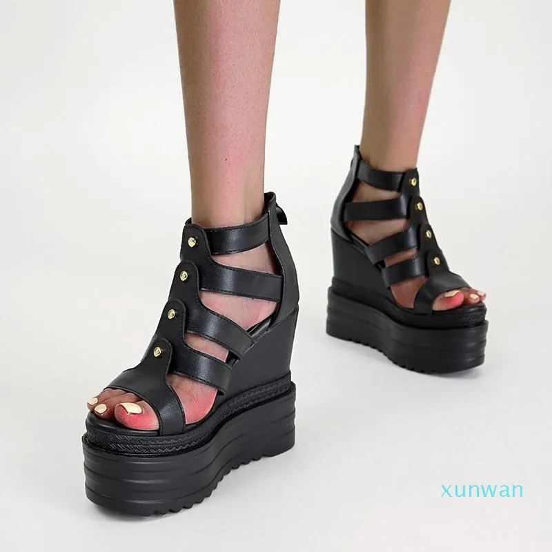 Sandals Women Summer Luxury Design 13cm High Heels Fashion Wedges Rivet Rome 6cm Platform Casual Black Zipper Prom Shoes