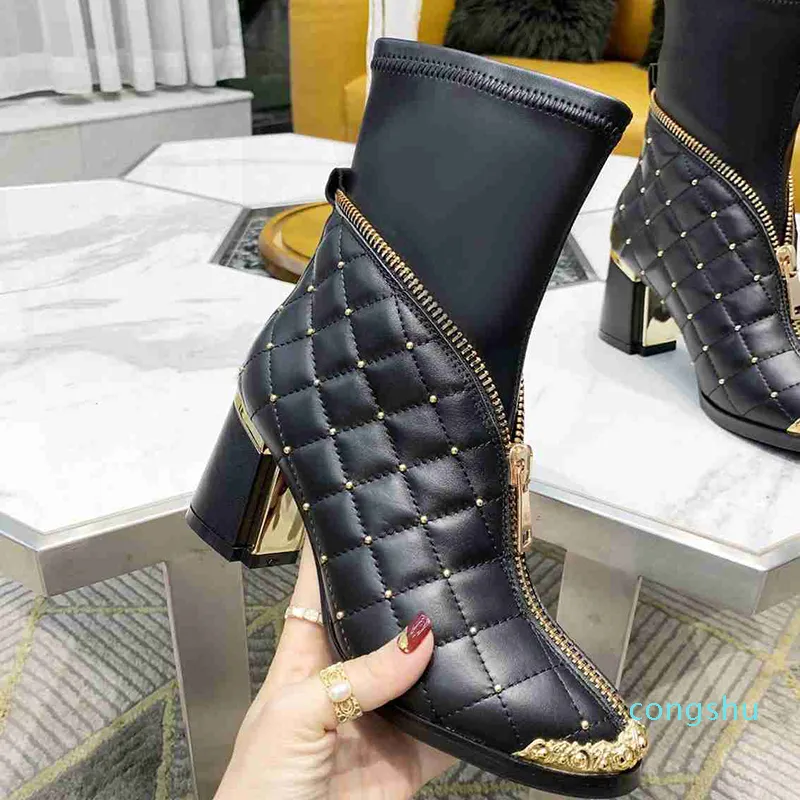 프론트 지퍼 디자이너 허벅지 하이 부츠 여성 패션 소 가죽 무릎 부츠 이상의 탄성 7.5cm Chunky Heels Martin 66