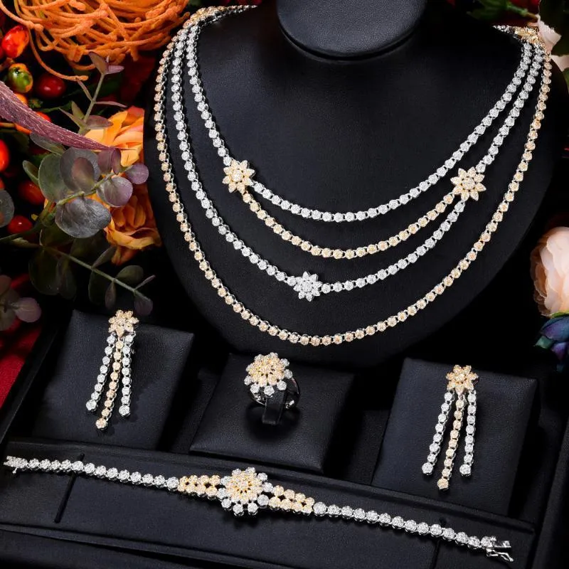 Örhängen Halsband Blachette Dubai Indien Beställd Gorgeous Cubic Zircon Flower Armband Ring Smycken Set Kvinnors Bröllop Bankett