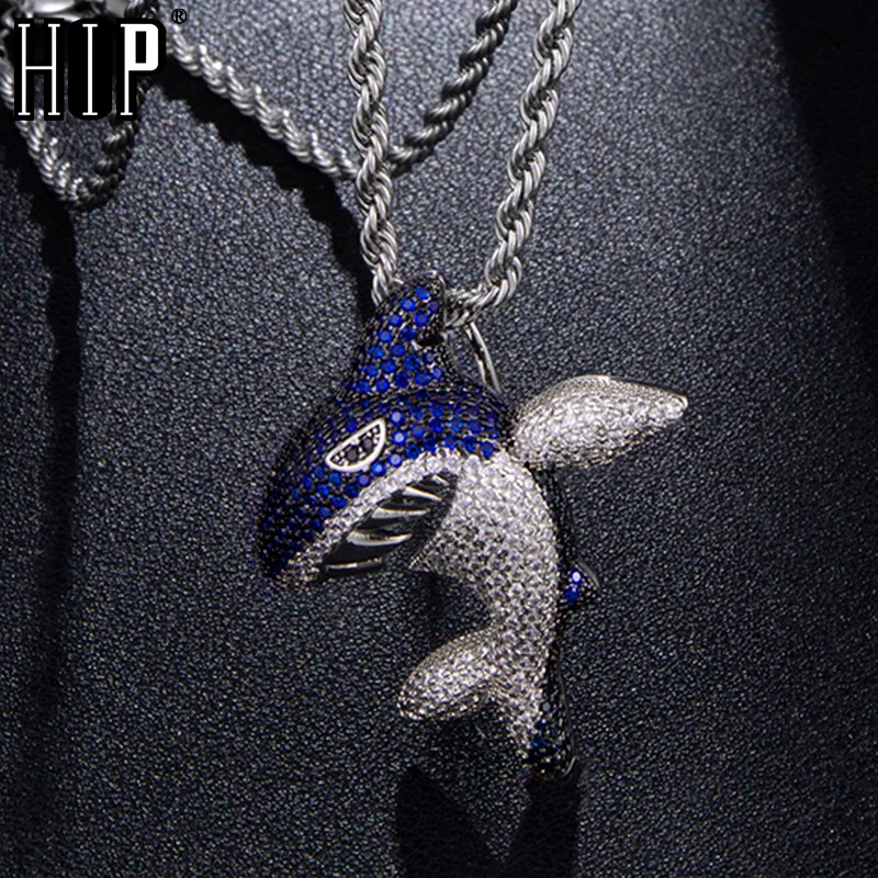 Hip Hop Bling Shiny Iced Out Micro Paved CZ Blue Shark Shape Necklaces & Pendants For Men Rapper Jewelry With Tennis Chain X0509