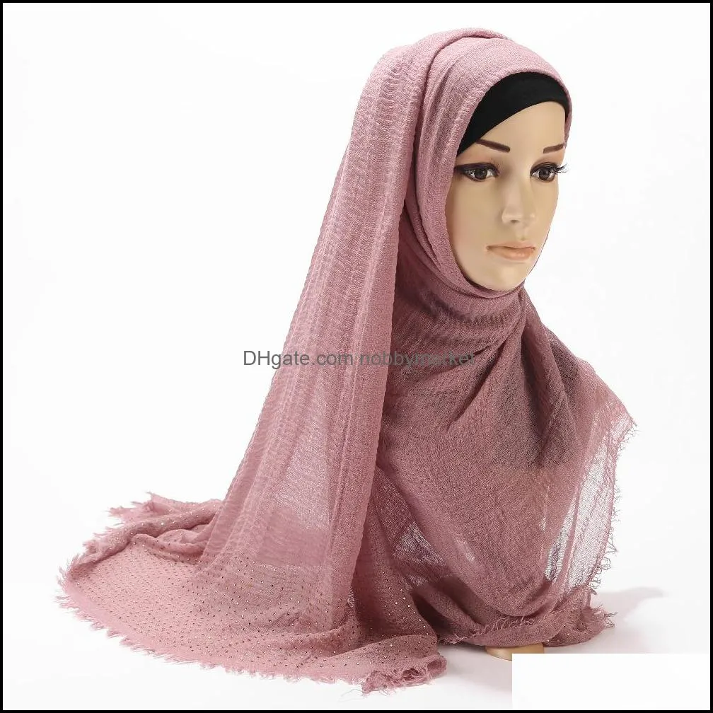 New Women`s Cotton Scarf with Diamond Plain Hijab Scarf Female Headscarf Wrap Fringe Crumple Muslim Scarf shawls and wraps