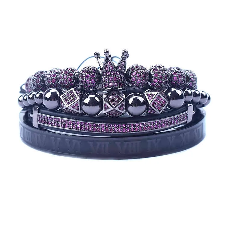 Luxe 4 stks / set Heren Gouden Crown Armband Romeinse cijfers Gegraveerde Bangle CZ Crown Gevlochten Macrame Armband