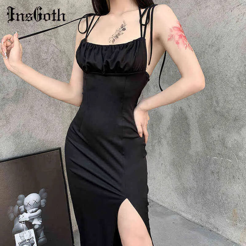 Indien spaghetti riem sexy zwarte jurk goth bodycon hoge taille spleet jurk vrouwen high street backless party club dragen jurken y1204