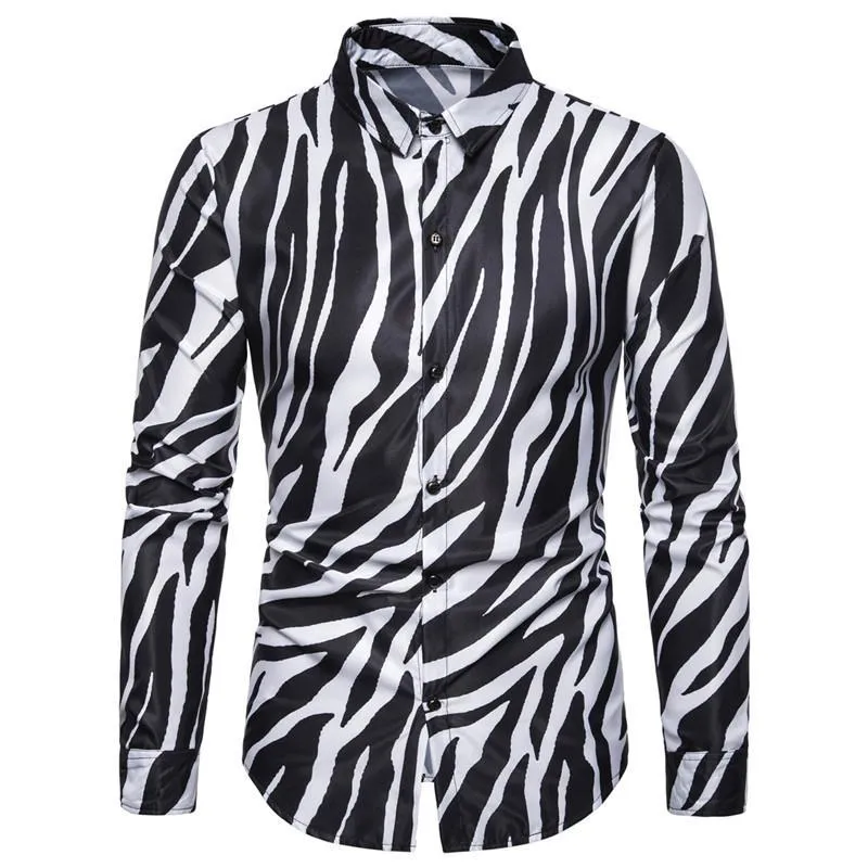 Men Streetwear US Size Shirt Zebra Skin Printed Tuxedo Party Shirt Long Sleeve Light Weight Office Male Fashion293I