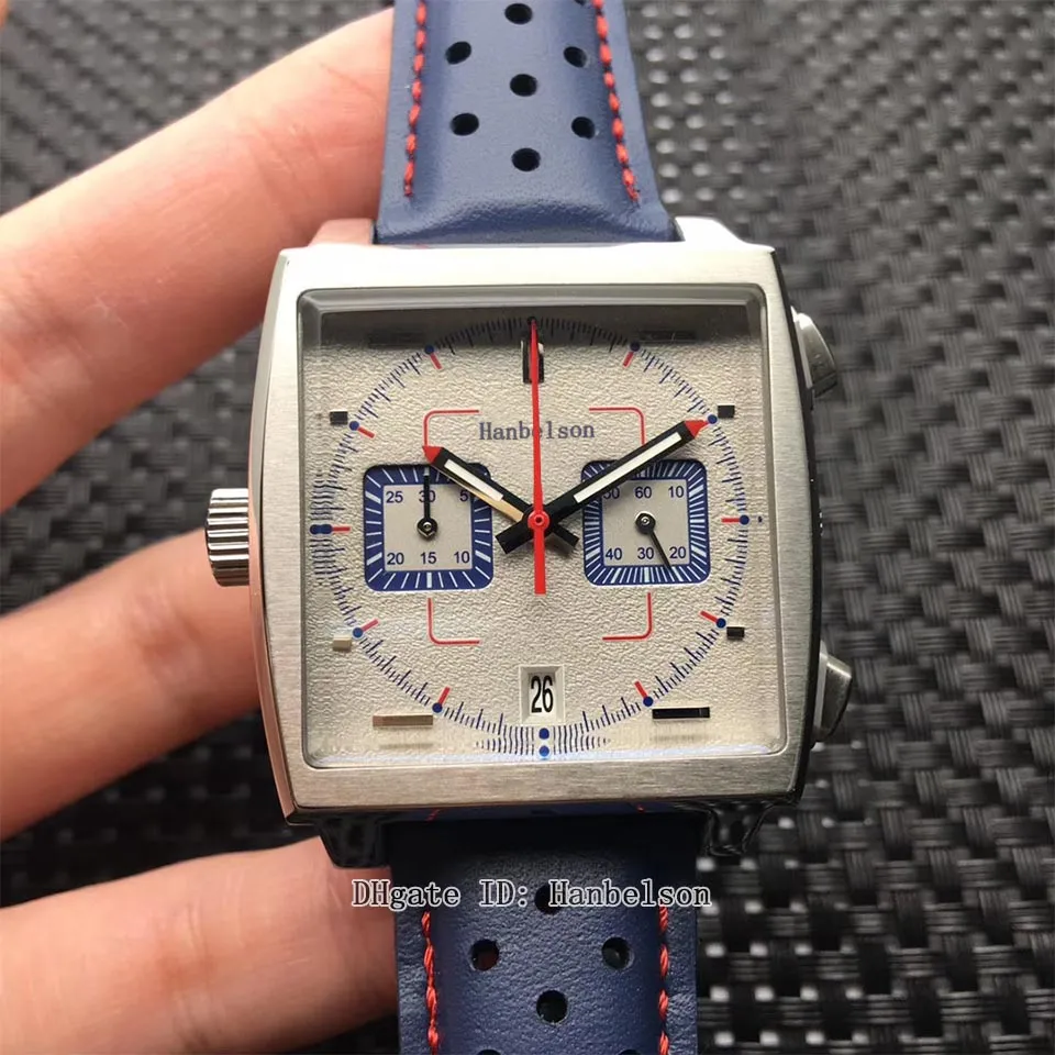 Montre de luxe VK Quartz movement mens watch Square surface stainless steel Luminous Blue leather strap relojes lujo para hombre Grey dial Chronograph