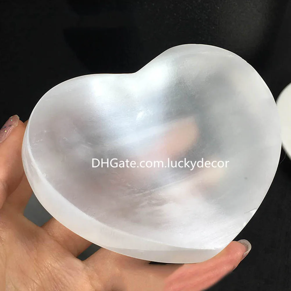 Hand Carved Satin Spar Selenite Bowl Spiritual Gifts Polished Heart Shape Natural Moroccan Crystals Stone for Cleansing, Charging, Decoration, Wiccan Altar Supplies