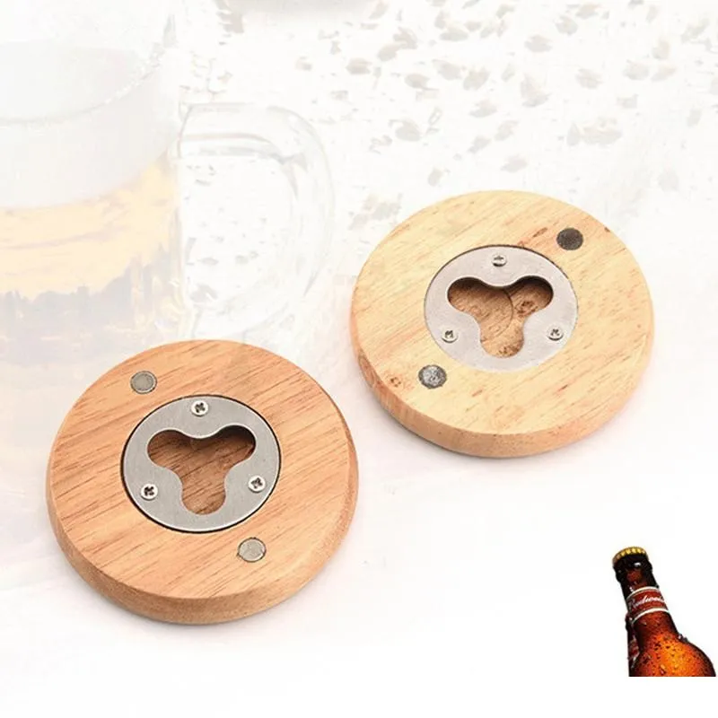New Wooden Round Shape Bottle Opener Coaster Fridge Magnet Decoration Beer Bottle Opener Factory wholesale
