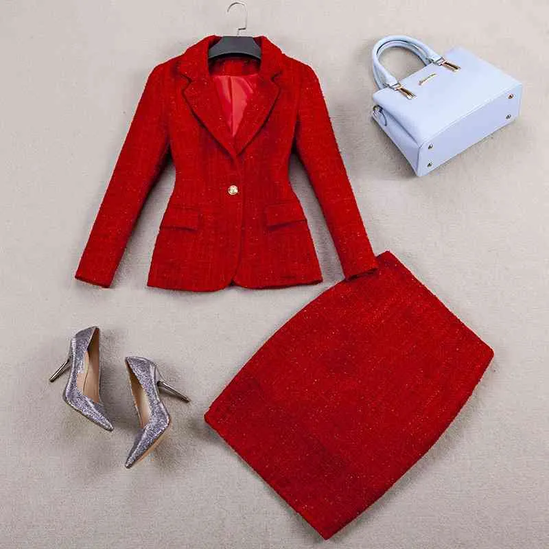 Autumn and winter women's skirt suits professional wear High quality long sleeve ladies jacket Elegance waist skirts two-piece 210527