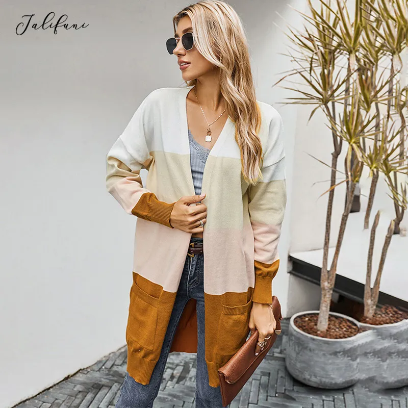 Long Sweater Cardigan Mulheres Outono Inverno Solto Cor Brown Block Patchwork Manga Longa Malha Tops Casaco Casaco Moda Fashion 210415