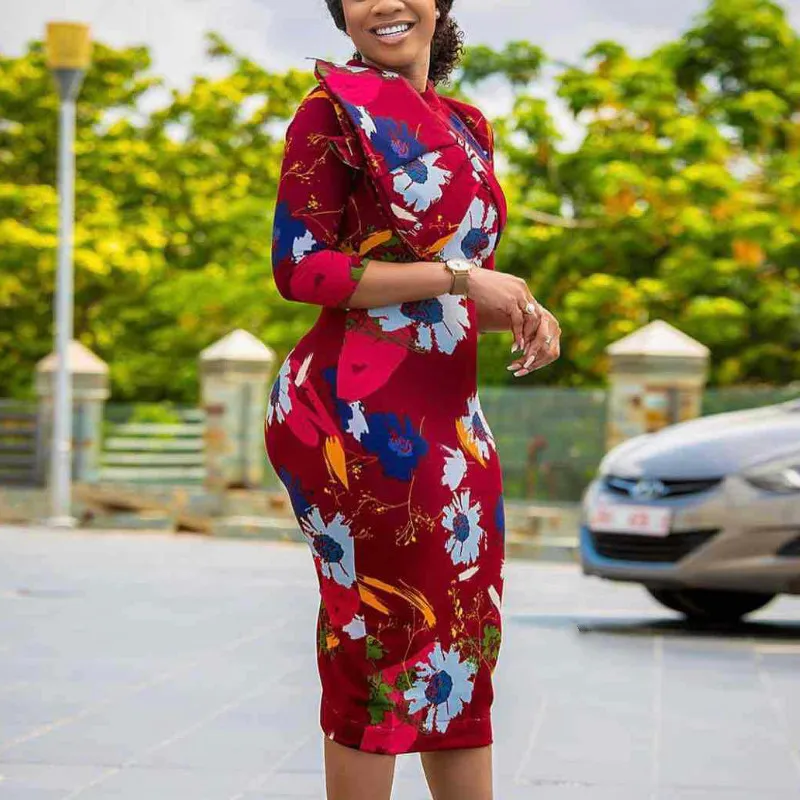 Женские напечатанные платья Ретро Цветочные тонкие пакет бедра женские офисные дамы элегантные классические африканские Femme плюс размер одежды 210416