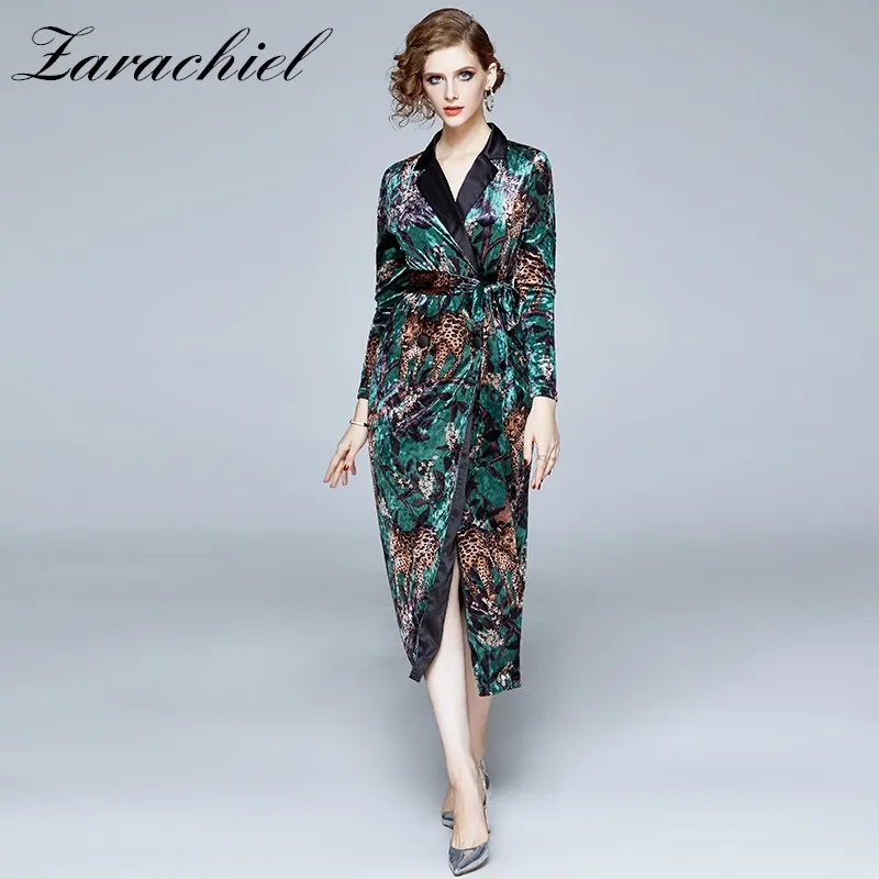 Fashion Leopard Printed Velvet Women Winter Notched Double-Breasted Office Lady Elegant Split Bodycon Long Dress With Belt 210416