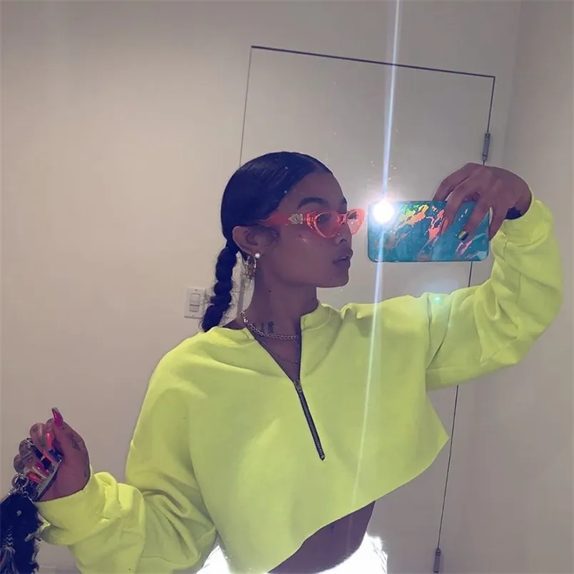 Omsj Femmes Crop Sweat-shirt à manches longues Sweat à capuche avec cordon de serrage Femme Zip Up Neon Vert Automne Coréen Clubwear 210517