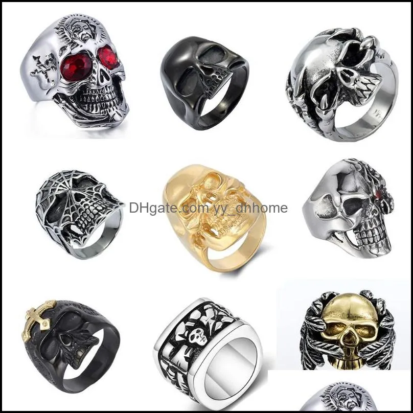 Mens Skull Ring Jewelry Gifts 316L Stainless Steel Rings For Men Biker Style Black Gold Silver Color LHR95 Cluster