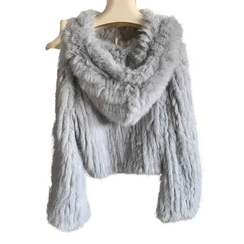Harppihop knitted Genuine Rabbit fur coat women fashion long rabbit jacket Outwear winter 210928