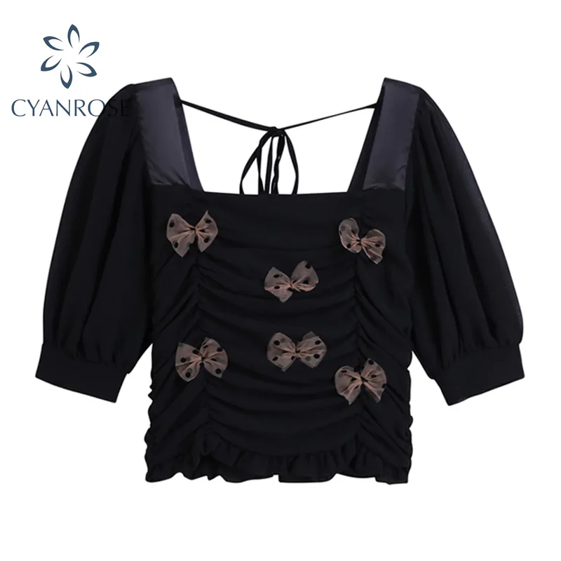 Mesh Bownot Spliced Blouse noire Collier carré à lacets Rétro Y2K Chemises de culture élégantes Zipper Design E-Girl Slim Blusas Tops Lady 210417