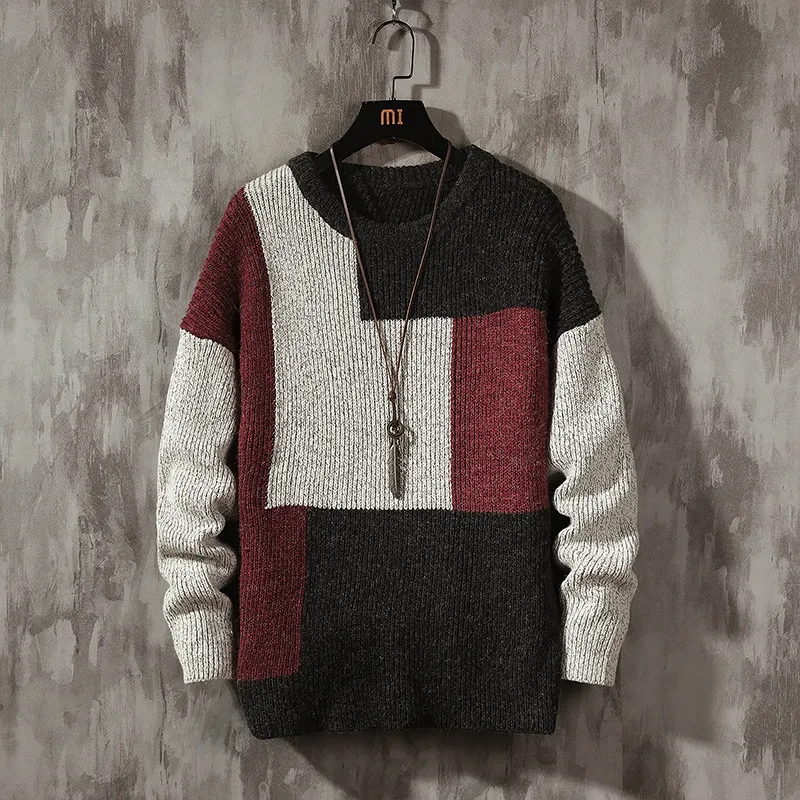 Design försäljning mens tröja höst vinter mode färg block pullover mens casual stickad tröja män hög kvalitet street tren