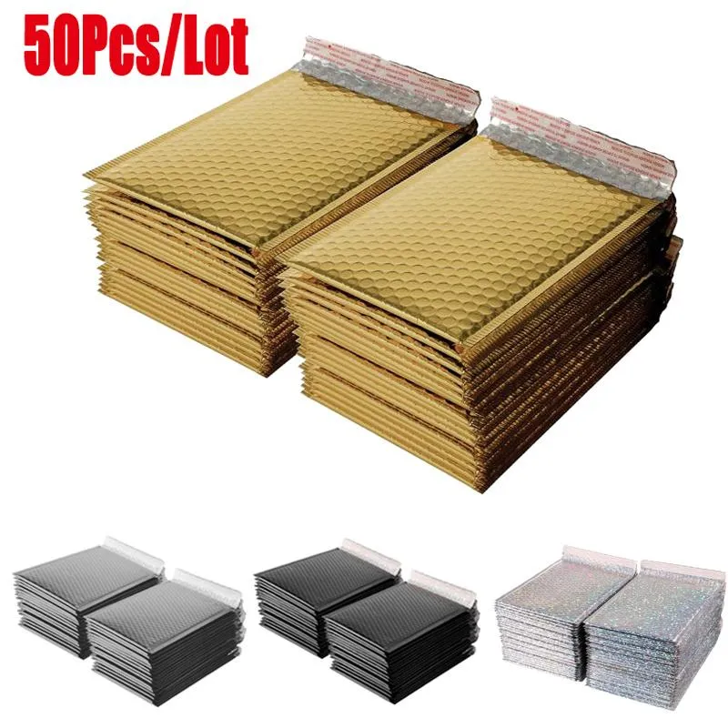 Presentförpackning 50st / Lot Foam Envelope Självtätare Mailers Padded Kuvert med Bubble Mailing Bag Paket Black Gold Silver