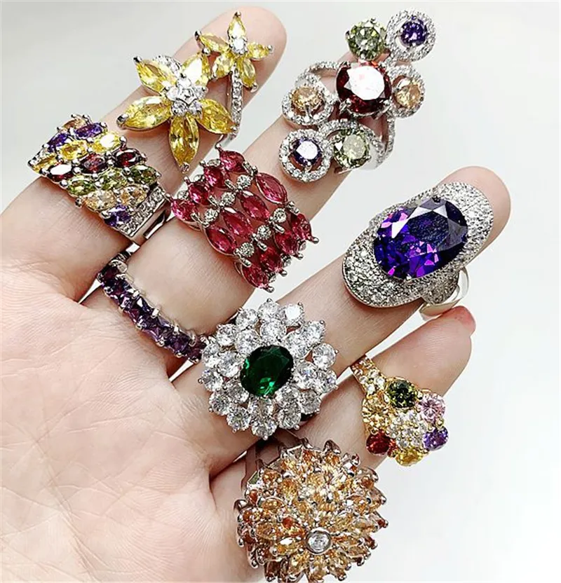 Vintage Gemstone Women Rings Light Luxury Crystal Zircon Stone Ring Colorful Zirconia Finger Heavy Industry Micro Pave S925 Silver2483