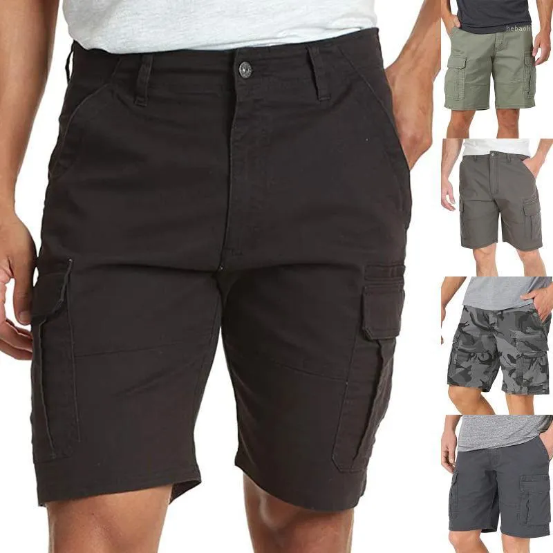 Men's Pocket Zipper Stretch Casual Tooling Five-Point Shorts Solid Color Mid-Waist Loose Gym Clothing