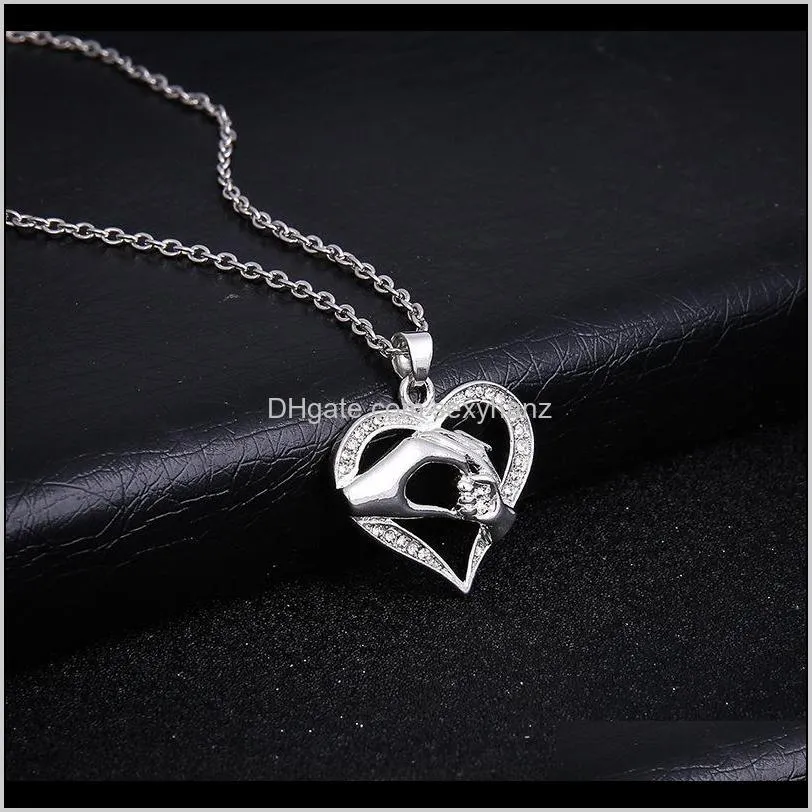 Mother And Child Necklace for Mom & Baby Hand in Hand Zircon Heart Pendant, Family Gift 3 Colors1