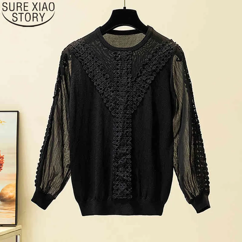 Women Lace Shirt Knitwear Casual Knitted Blouse Spring Autumn Fashion Loose Lantern Long Sleeve Ladies Tops Blusas 11729 210417