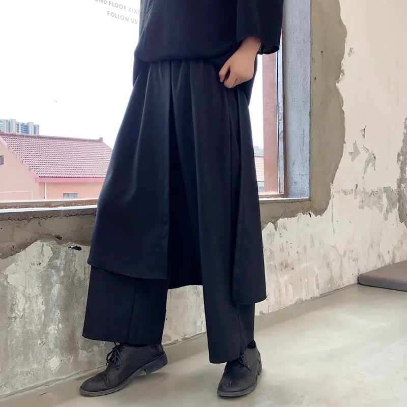 Pantalons pour hommes Hommes Taille élastique Splice Lâche Casual Large Jambe Jupe Mâle Japon Kimono Streetwear Hip Hop Punk Gothique Harem Trous260z