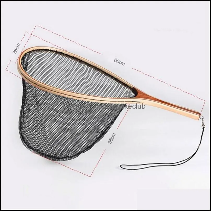 Fishing Accessories 80% Wooden Handle Rubber/Nylon Mesh Landing Net Catch Release Scoop