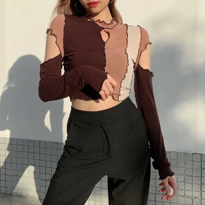 FRILL T-shirt Cut Out Crop Top voor Vrouwen Y2K Pullovers Contrast Lange Mouw Korte T-shirt Harajuku Clubwear Herfst Top Y0629