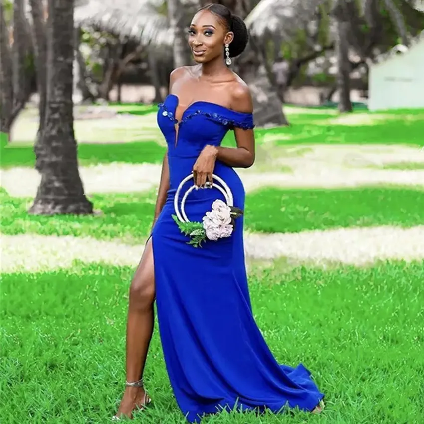 off shoulder royal blue dress Elegant Off Shoulder Royal Blue Satin Long Prom Dresses, Off the Shoul –  Eip Collection main image 0