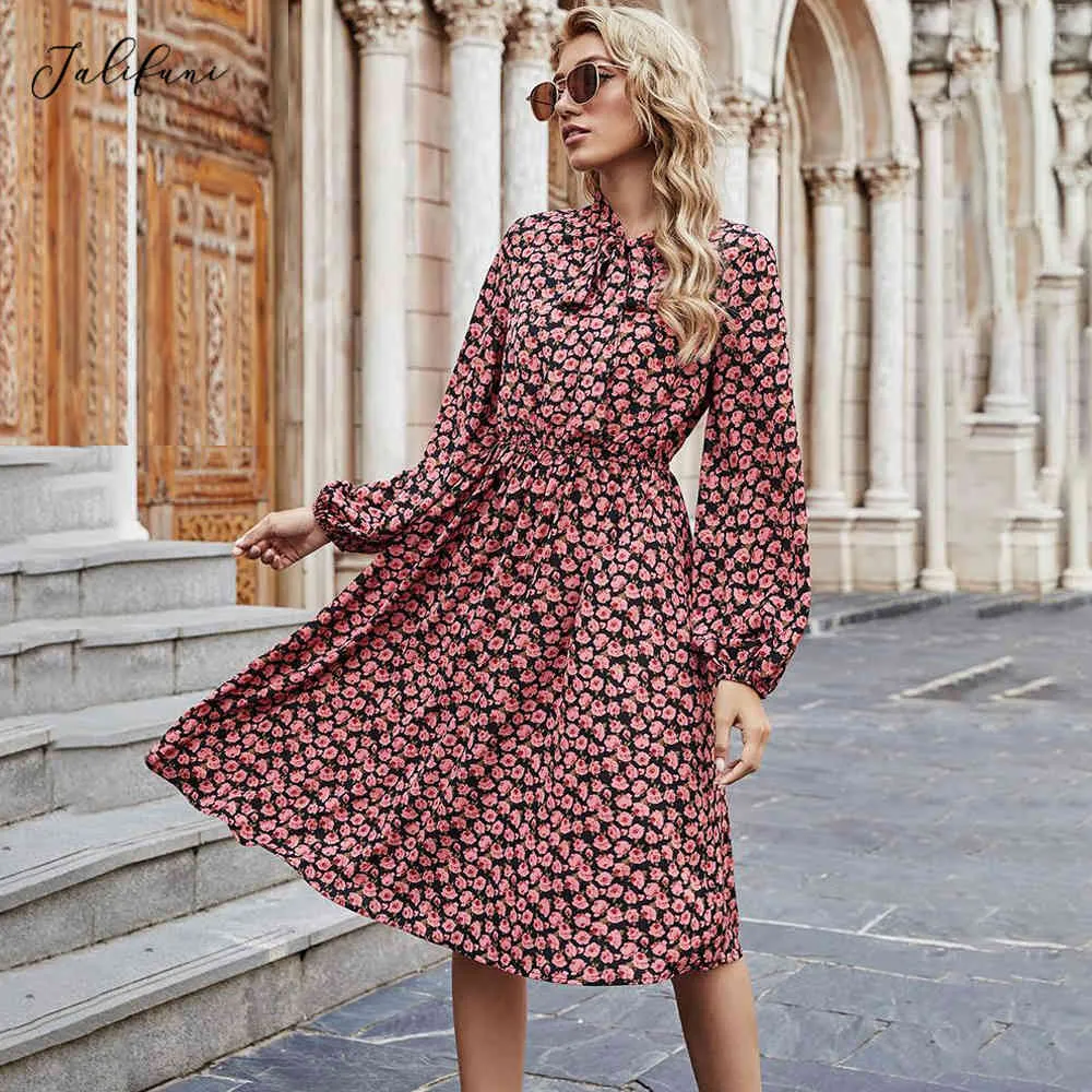 Long Dress Fashion Bowknot Tie Elegant Ladies Floral Print Long Sleeve Dresses For Women Fall Autumn Clothes New Arrival 210415