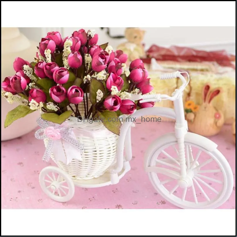 Couronnes de fleurs décoratives, fournitures de fête festives, maison, jardin, bricolage, Tricycle blanc, vélo, conception en plastique, panier de fleurs, conteneur pour plante, mariage