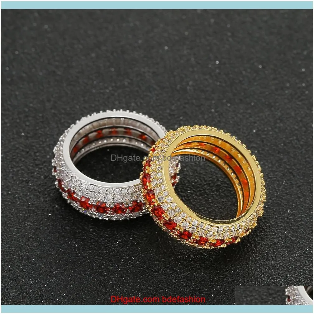 Size 7-12 Hip Hop 5 Rows Red Cubic Zircon Big Ring Gold Silver Colors for Men Finger Rings