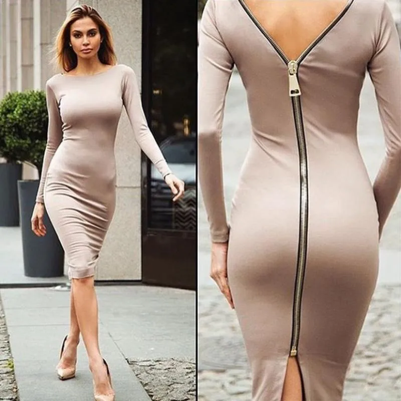 Robes décontractées Sexy dos Zip à manches longues genou longueur robe femmes noir dos nu moulante élégant fendu fête 2021